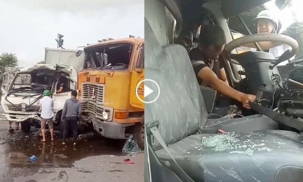 Container đấu đầu xe tải, tài xế mắc kẹt trong ca bin