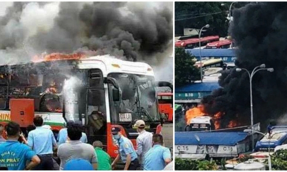 Xe khách đậu trong bến xe miền Đông bốc cháy dữ dội