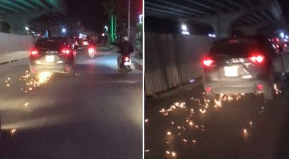 Xe Mazda CX5 gây tai nạn rồi bỏ chạy, cuốn xe đạp điện vào gầm toé lửa