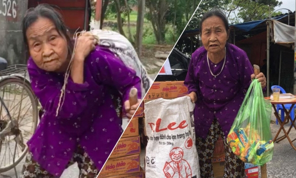 Xúc động cụ bà 85 tuổi còng lưng cõng bao tải quần áo, mì tôm ủng hộ miền Trung