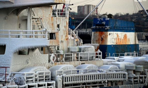 Hàng chục ô tô bị đóng băng khi được vận chuyển từ Hàn Quốc đến Nga