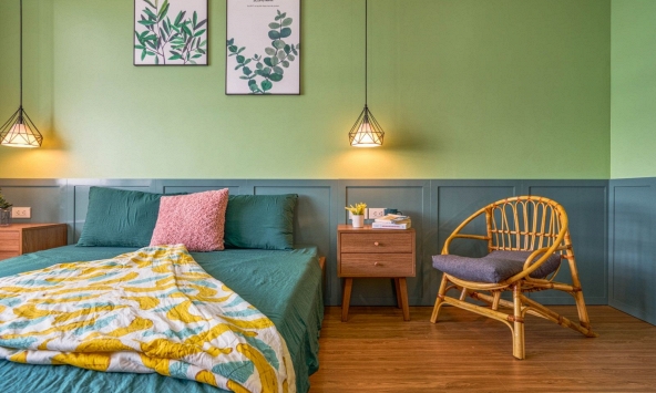 Phòng ngủ màu xanh lá Pastel nhẹ nhàng, dễ thương nhưng vẫn hiện đại