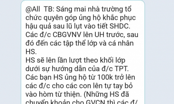Xôn xao 1 trường học bị tố mời các em ủng hộ đồng bào lũ lụt từ 100.000 đi lên bỏ vào hòm quyên góp, dưới 100.000 thì không cần