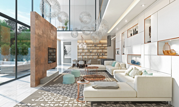 Phòng khách thông tầng giúp tràn ngập ánh sáng tự nhiên