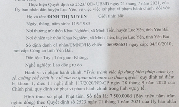 Yên Bái: Trốn cách ly tại nhà, người phụ nữ bị xử phạt 7,5 triệu đồng