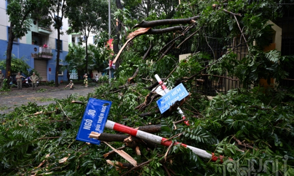 Đường phố Hà Nội ngổn ngang sau khi bão số 3 càn quét 