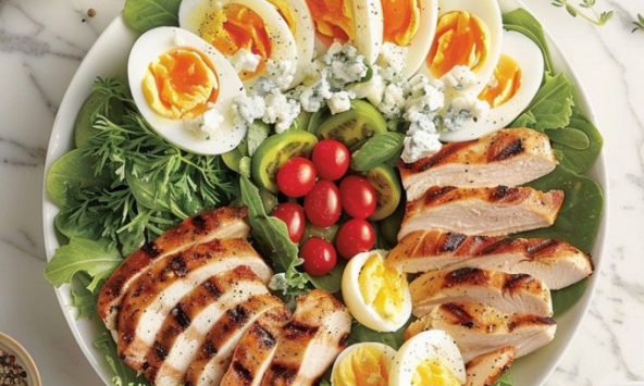 Thực đơn giảm cân với salad gà áp chảo, trứng luộc đơn giản