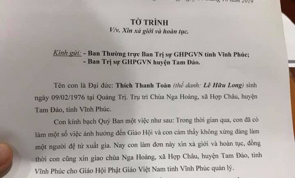 Đại đức Thích Thanh Toàn xin xả giới hoàn tục và xin...giữ lại tài sản