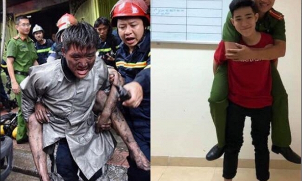 Chàng trai cõng cảm ơn chiến sĩ PCCC cứu mình khỏi đám cháy