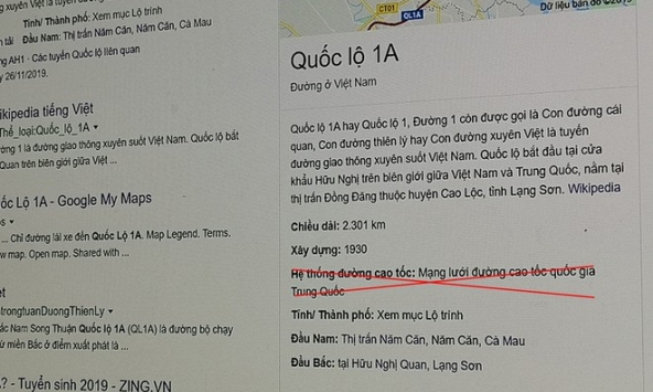 Google ghi tên Quốc lộ 1A là 'mạng lưới cao tốc quốc gia Trung Quốc'
