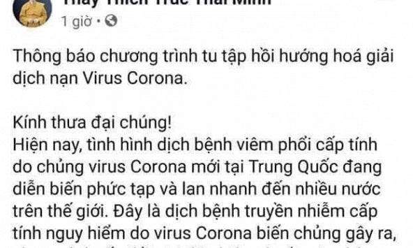 Hình ảnh hóa giải nạn dịch Corona của sư trụ trì Ba Vàng bị gỡ bỏ