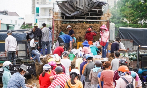 TPHCM: người dân xếp hàng dài mua dưa hấu, thanh long hỗ trợ nông dân