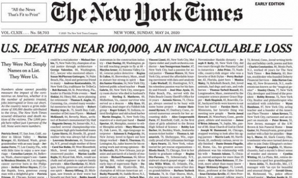Trang đầu New York Times và những câu chuyện lớn về sự ra đi của hàng nghìn người vì Covid-19
