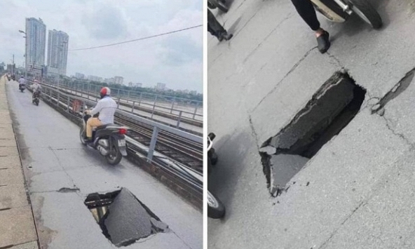 Cầu Long Biên xuất hiện lỗ thủng lớn