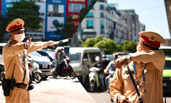 Các chiến sỹ CSGT làm nhiệm vụ giữa trời nắng nóng 40 độ trên đường phố thủ đô