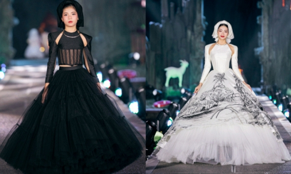 Mẫu nhí Linh Đan cùng giữ vai trò vedette với hoa hậu Lương Thùy Linh, trình diễn cuốn hút