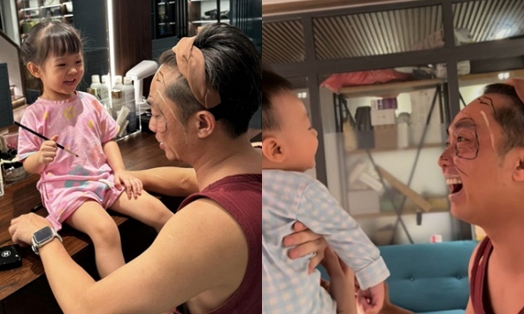 Cường Đô La bất chấp hình tượng, để con gái vẽ lên mặt khiến cả nhà cười nắc nẻ