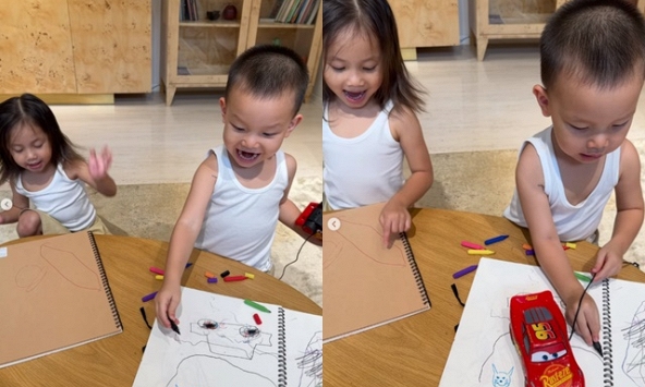 Hà Hồ đăng clip Lisa - Leon tập vẽ, biểu cảm của cặp song sinh khiến netizen thích thú