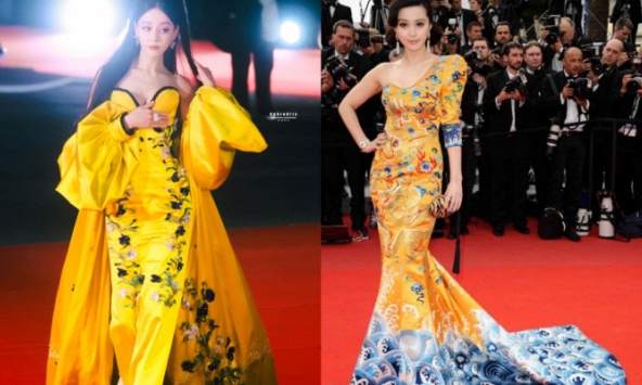 Tranh cãi nảy lửa Địch Lệ Nhiệt Ba diện đầm lồng lộn bắt chước phong cách Phạm Băng Băng lên thảm đỏ