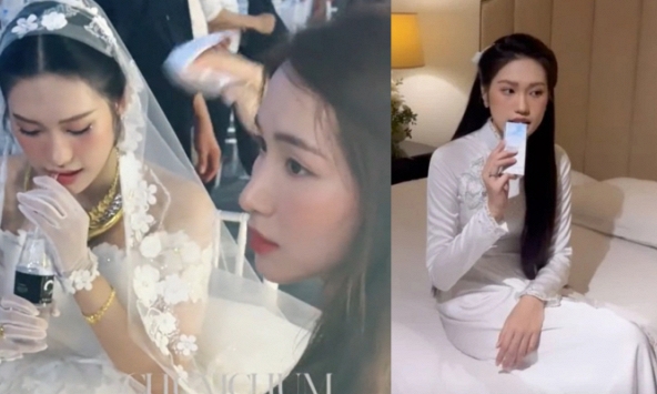 Vợ Đoàn Văn Hậu mách nhỏ cách uống nước cũng phải đẹp, thợ trang điểm luôn theo sát cô dâu