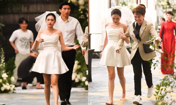 Doãn Hải My rời tiệc cưới bằng chân đất, được Đoàn Văn Hậu, Bảo Hân 'hộ tống' 