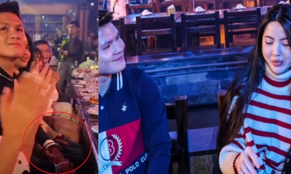 Quang Hải đan tay cùng Chu Thanh Huyền dưới bàn tiệc, một ánh mắt đủ nói lên tình cảm