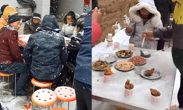 Độc lạ cảnh 'bữa tiệc dưới tuyết, khách ngồi co ro ăn thịt cá đóng băng nguội lạnh': Dân mạng chê bai, người trong cuộc hé lộ sự thật