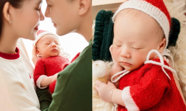 Vợ chồng Lê Âu Ngân Anh khoe bộ ảnh đón Giáng sinh, nhóc tỳ chiếm spotlight vì tạo dáng siêu cưng