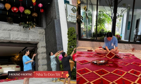 Cường Đô La chụp lén vợ tất bật trang hoàng biệt thự đón Tết, Đàm Thu Trang diện quần đùi áo thun vẫn được khen tới tấp