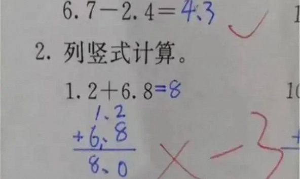 Con làm toán '1,2 + 6,8 = 8' bị cô giáo gạch sai, phụ huynh đi kiện nhưng xấu hổ khi nghe đáp án