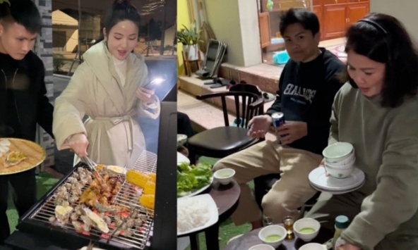 Quang Hải lái Mercedes đưa Chu Thanh Huyền về quê nướng hải sản, quây quần bên mâm cơm gia đình ngày cuối năm