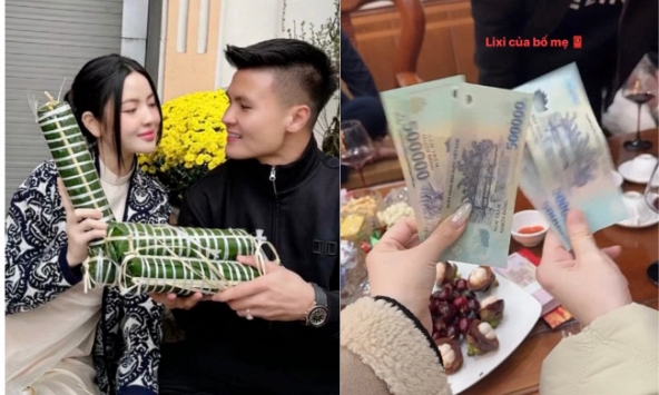 Chu Thanh Huyền năm đầu ăn tết nhà chồng, khoe được bố mẹ Quang Hải lì xì đầu năm