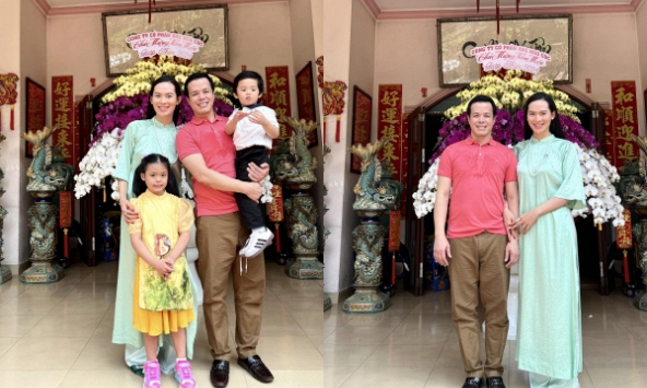 Sang Lê diện áo dài, hạnh phúc bên chồng con ngày đầu năm mới