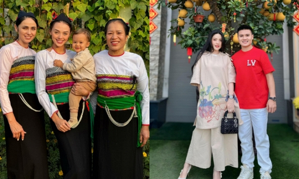 Dàn WAGs Việt mùng 3 Tết: Vợ mẫu tây Bùi Tiến Dũng hoá cô gái Mường, Chu Thanh Huyền “chốt đơn” khai xuân