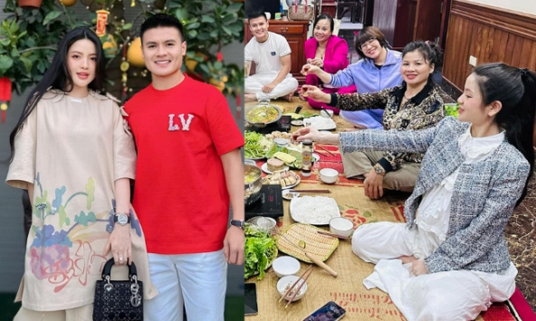 Chu Thanh Huyền cùng gia đình Quang Hải ăn uống để lộ vòng 2 bất thường, nàng WAG mang bầu hay bị chiếc váy dìm dáng?