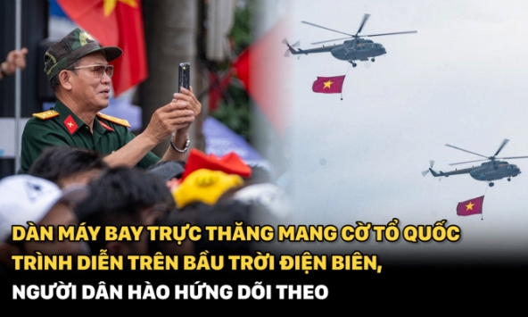 Dàn máy bay trực thăng mang cờ Tổ quốc trình diễn trên bầu trời Điện Biên, người dân hào hứng dõi theo