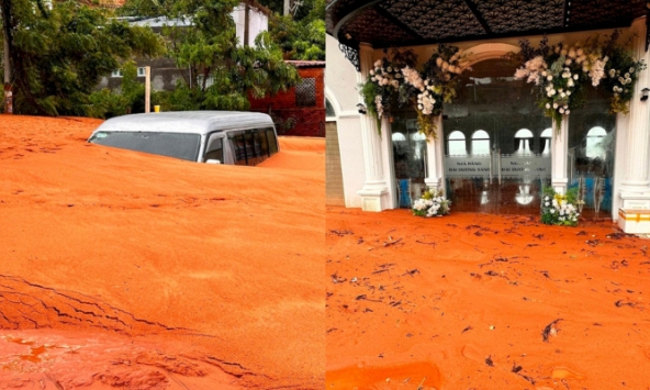 Hiện trường kinh hoàng vụ bùn cát đổ ập từ đồi cao tràn xuống khiến nhiều phương tiện, nhà hàng bị vùi lấp tại Phan Thiết