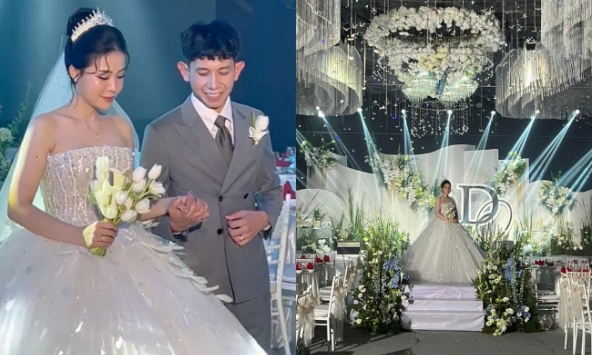Hình ảnh đầu tiên của chú rể Hồng Duy và cô dâu thạc sỹ trong rạp cưới lung linh ánh đèn 