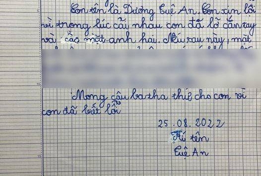 Trót cắn anh trai sợ để lại sẹo, cô bé lớp 1 viết bảng cam kết: Đọc 5 từ mà dân tình cười lộn ruột