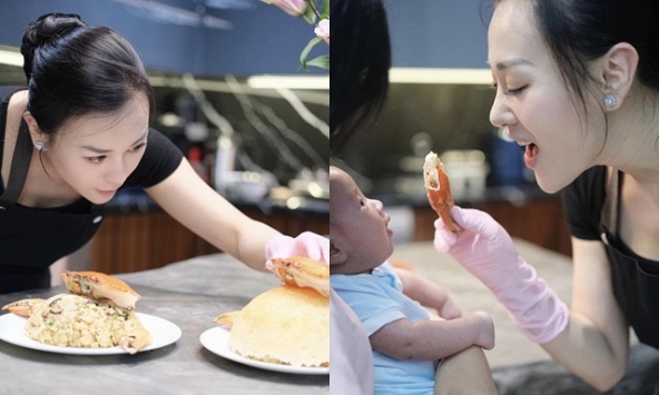 Phương Oanh đang ở cữ vẫn tự tay nấu ăn cho Shark Bình, cặp nhóc tỳ sinh đôi gây chú ý khi xuất hiện trong bếp cùng mẹ