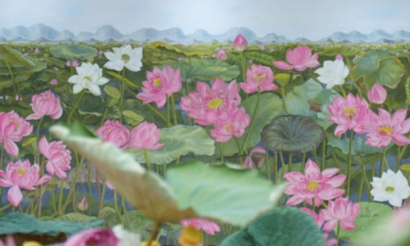      Độc đáo bức tranh Sen Liên Hoa Tịnh Cảnh trưng bày tại lễ hội Sen Hà Nội 2024