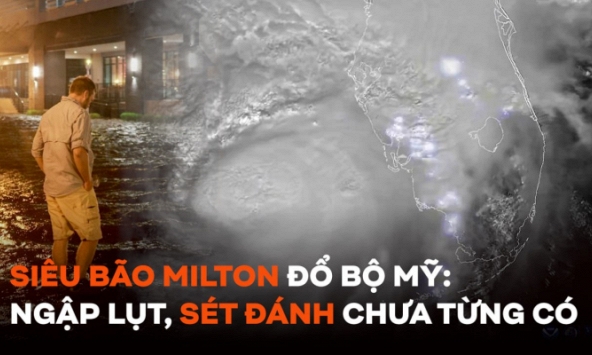 Siêu bão 'quái vật' Milton đổ bộ Mỹ: Nước dâng cao, máy biến áp nổ sáng bầu trời