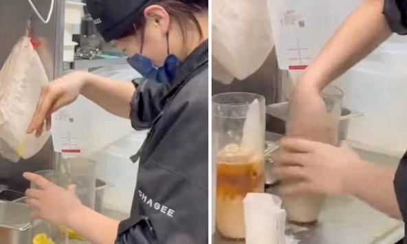 Sốc: Nhân viên Chagee dùng tay trần khuấy trà sữa, nhặt nguyên liệu rơi cho vào cốc