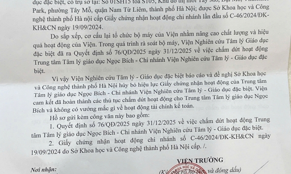 Thông báo: Chi nhánh Trung tâm Tâm lý Giáo dục Ngọc Bích kết thúc hoạt động