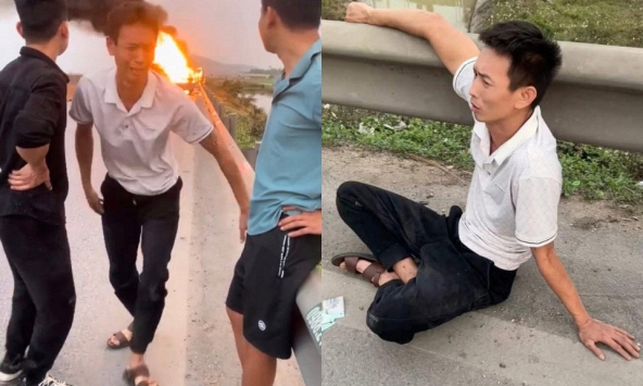 Tài xế xe tải quỳ sụp bật khóc khi chứng kiến hơn chục xe máy đang chở ra Hà Nội hóa tro tàn giữa cao tốc