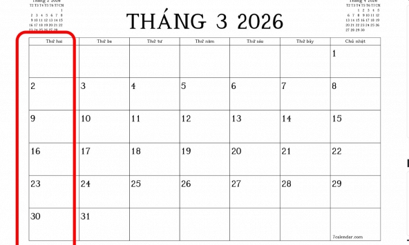 Tháng 3/2026 tưởng đã dài lắm rồi: Ai ngờ tháng 11/2026 cũng trải ra 6 tuần và có hẳn 5 ngày thứ Hai!