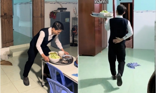 Mặc gile đen bưng mâm cơm 'chuẩn 5 sao' giữa gian nhà quê, thanh niên khiến người xem đòi kiểm tra bảng điểm