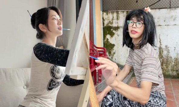 Cả TikTok hóa Lê Bống: Miệng ngậm cọ, tay tô màu, mắt nhìn xa xăm