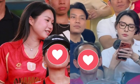 Doãn Hải My đọ sắc cùng Trần Bích Hạnh - vợ Văn Thanh trên khán đài Hàng Đẫy: Nhan sắc 'một chín một mười'!