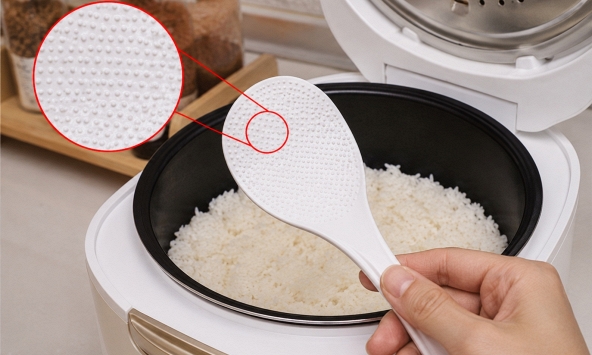 Vì sao muôi xới cơm luôn có nhiều hạt li ti nổi trên mặt?